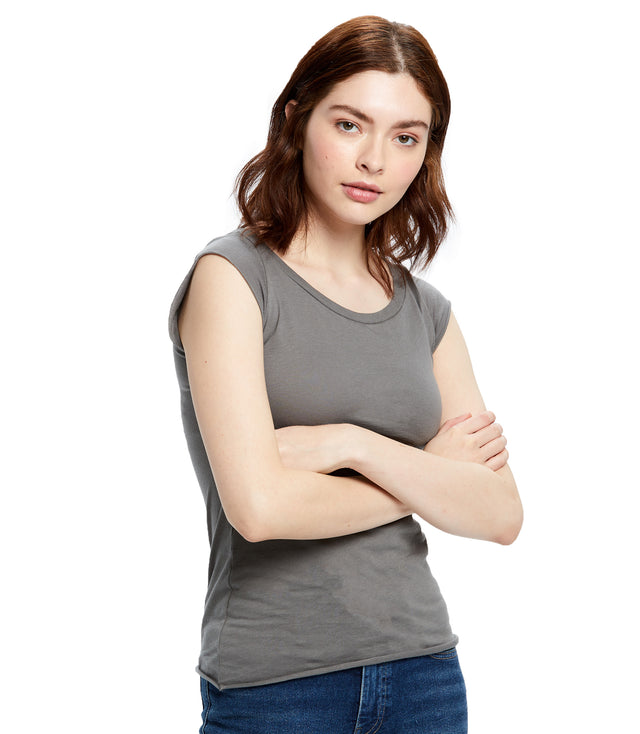 Women's Cap Sleeve Raw Edge Open Neck